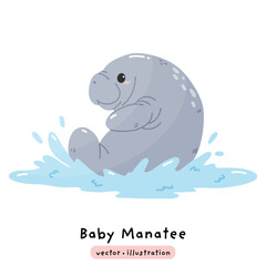 Cute manatee sea cow dugong cartoon illustration vector