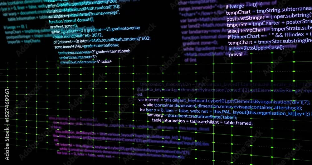 Poster Glowing green waveform appearing at left edge and traversing interface oscillating showing code