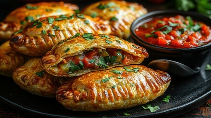 Delicious, golden-brown savory pastries filled with vegetables and spices, served with a vibrant salsa