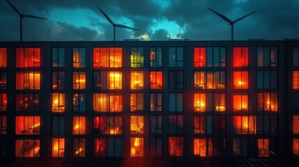 Modern residential building at night with glowing windows, wind turbines on rooftop, sustainable energy concept, illuminated urban architecture.