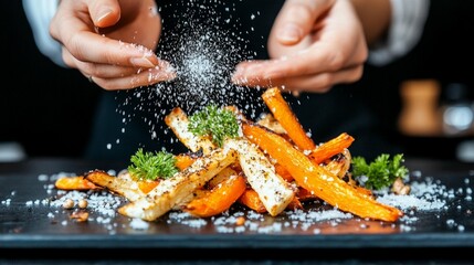 Roasted root vegetables, seasoned with salt and herbs, being sprinkled