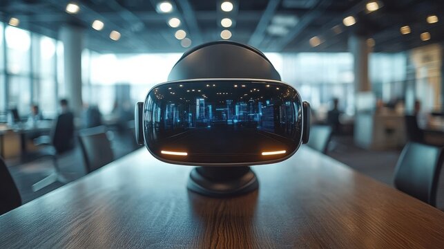 Virtual reality headset placed on table in modern office, reflecting futuristic digital cityscape, concept of VR technology, innovation, and business applications.