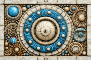 Fototapeta premium Intricate Beige and Blue Stone Carving with Circular and Spiral Motifs