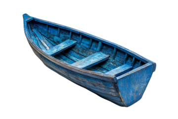 Blue wooden boat rests near shore
