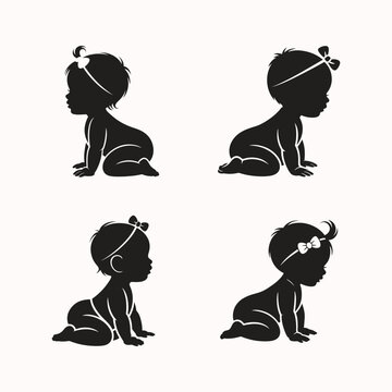 Silhouettes of crawling baby girls with hair bows vector illustration