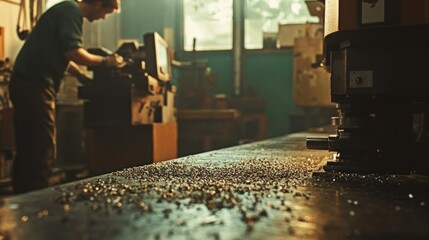 A worker adjusting control panels in an electronics manufacturing plant, with circuits and devices around