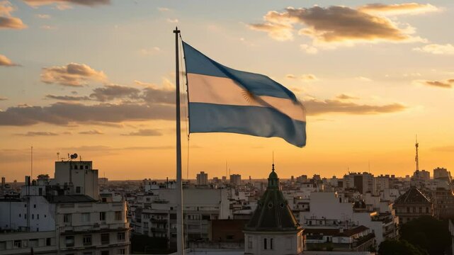 Argentinian flag at sunset cityscape