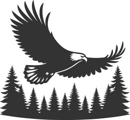 Forest tree with eagle wildlife bird vector drawing silhouette