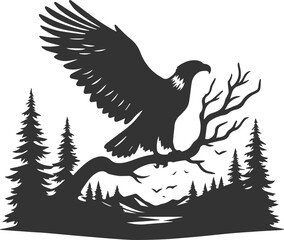 Forest tree with eagle wildlife bird vector drawing silhouette