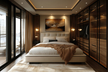 Modern Minimalist Bedroom Featuring Soft Beige Tones and Wooden Elements