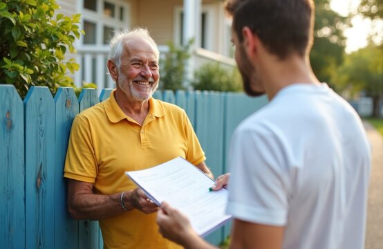 Senior man talking with census agent outdoors. Elderly homeowner smiles discussing documents at blue fence. Representative offers paperwork, discusses insurance, residence. Communication,