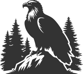 Forest tree with eagle wildlife bird vector drawing silhouette