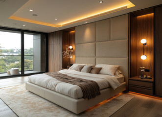 Modern Minimalist Bedroom Featuring Soft Beige Tones and Wooden Elements