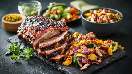 Sliced BBQ pork ribs with colorful vegetables and a side salad, served on a slate board