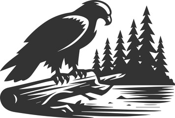 Obraz premium Forest tree with eagle wildlife bird vector drawing silhouette