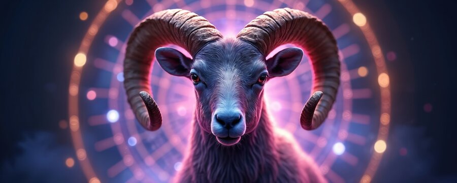 Aries zodiac sign head with magic light in star wheel. Horoscope panorama illustration. Ram animal with horns. Horoscope, astrology, fortune telling, spirituality, esoteric concept. Generative AI art.