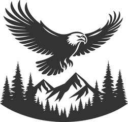 Forest tree with eagle wildlife bird vector drawing silhouette