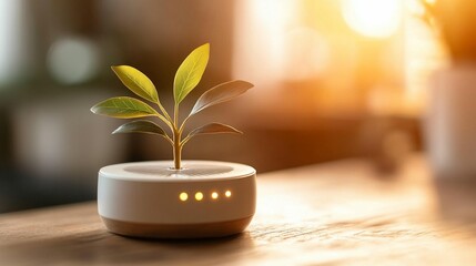 Small plant in a modern planter, bathed in warm sunlight