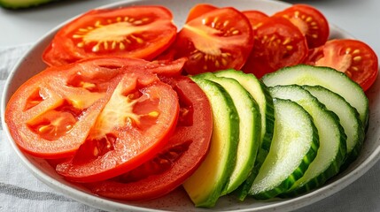 Sliced tomatoes, avocado, and cucumber on a plate