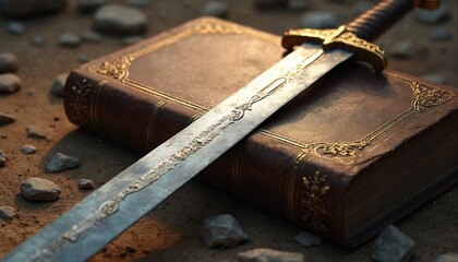 Bible sword concept illustration. Ancient sword resting on a bible, representing faith strength, spiritual battle. Weapon lies on old book. Christianity symbol. Faith, god, gospel.