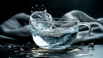Splashing water in a clear glass cup on a dark background.  A dynamic water splash erupts from the cup, highlighting the texture of the liquid