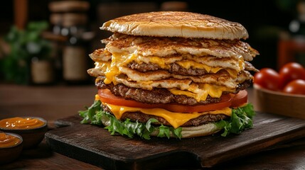 Stacked burger with multiple patties, fried eggs, cheese, and tomato