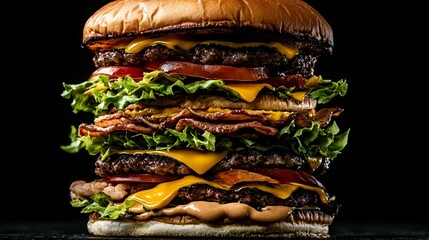 Stacked juicy gourmet burger with melted cheese, bacon, lettuce, tomato, and a rich sauce