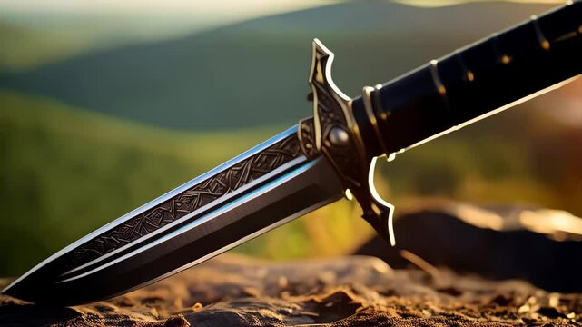 Ornate dagger resting on soil with nature background. Sharp dark steel blade with Celtic style decorations for a mysterious and dangerous warrior weapon.