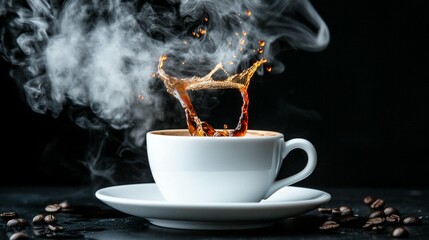 Steaming coffee splash in a white cup.  A hot beverage erupts from a white cup, producing a plume of steam and a splash