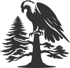 Forest tree with eagle wildlife bird vector drawing silhouette