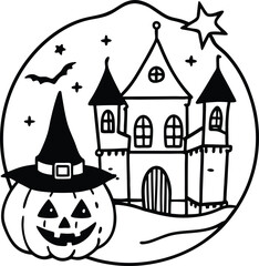 Doodle Style Haunted Castle with Halloween Decorations

