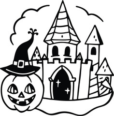 Haunted Castle Sketch with Vintage Halloween Decor

