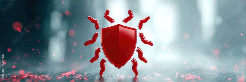 Poster antivirus shield actively deflects phishing bug in a digital environment while the background remain