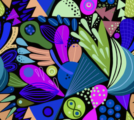 Abstract mosaic pattern painted in bright colors from geometric shapes drawn by hand.Seamless background.	
