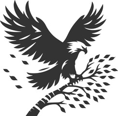 Forest tree with eagle wildlife bird vector drawing silhouette