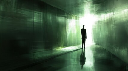 Mysterious Figure in Shadowy Hallway with Dramatic Lighting