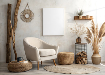 High‑Resolution 3D Canvas Mockup in Minimalist Interior with Beige/Light‑Gray Armchair, Rustic Wood Accents, Dried Plants & Neutral Taupe‑White‑Brown Palette