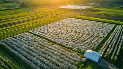 Aerial shot of a sugarcane farm with solar panels, a large water tank, and well-maintained irrigation systems