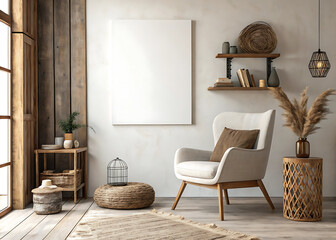 High‑Resolution 3D Canvas Mockup in Minimalist Interior with Beige/Light‑Gray Armchair, Rustic Wood Accents, Dried Plants & Neutral Taupe‑White‑Brown Palette