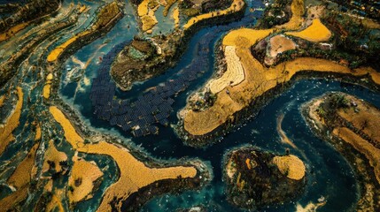 Aerial shot of a sugarcane farm with solar panels, a large water tank, and well-maintained irrigation systems