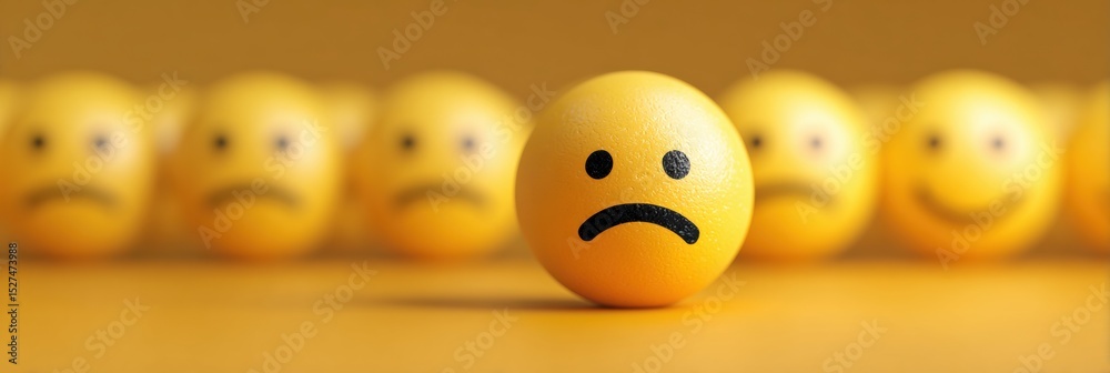 Poster group of positive emojis protect a single sad face in a colorful setting during a lighthearted activ