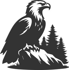 Forest tree with eagle wildlife bird vector drawing silhouette