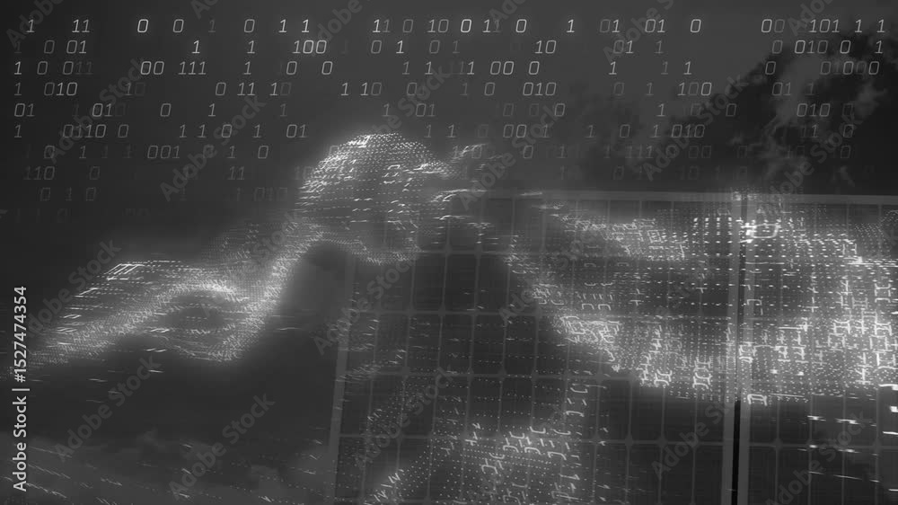 Poster binary data wave rising from left grid, undulating toward right edge to visualize digital data flow