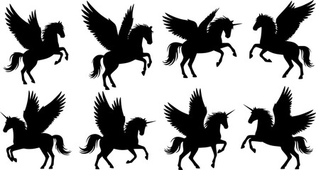 Obraz premium a set of black silhouettes of horses with wings and a horse, pegasus, flying mythical beasts, unicorns