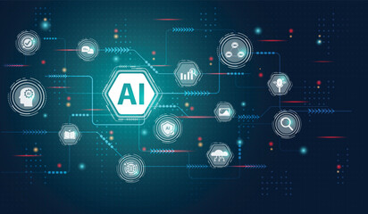 Ai agent generate concept. Artificial Intelligence assistant technology for graphic design, translate, chat bot, images, write code, advertising, law, customer analysis, security, healthcare, study.