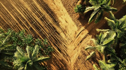 Aerial shot of a sugarcane farm with solar panels, a large water tank, and well-maintained irrigation systems
