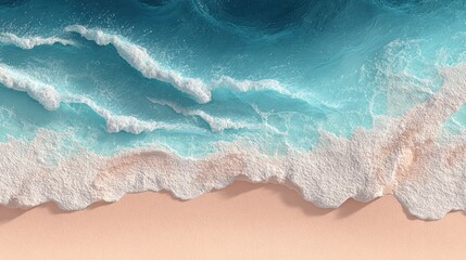 Obraz premium Aerial conceptual ocean view with vibrant waves crashing into peach sand, ideal for wellness campaigns.