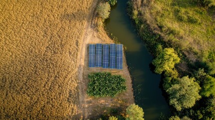 Aerial shot of a sugarcane farm with solar panels, a large water tank, and well-maintained irrigation systems