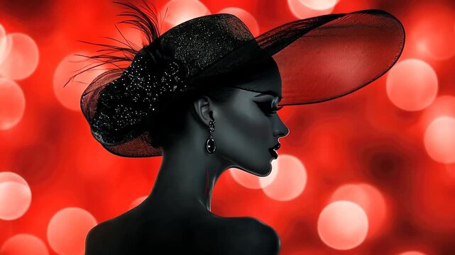 Profile view of a woman in a black hat and red background