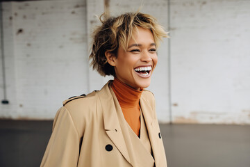 Yonug adult trendy stylish beautiful caucasian happy smiling woman enjoy walking by Yalta sea embankment on warm sunny day. Female person portrait wear jeans biege trench coat on urban city street